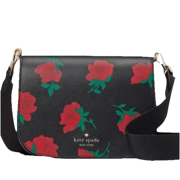 Kate Spade Madison Rose Toss Print Saddle Bag Crossbody Black Multi- NWT - Picture 1 of 12